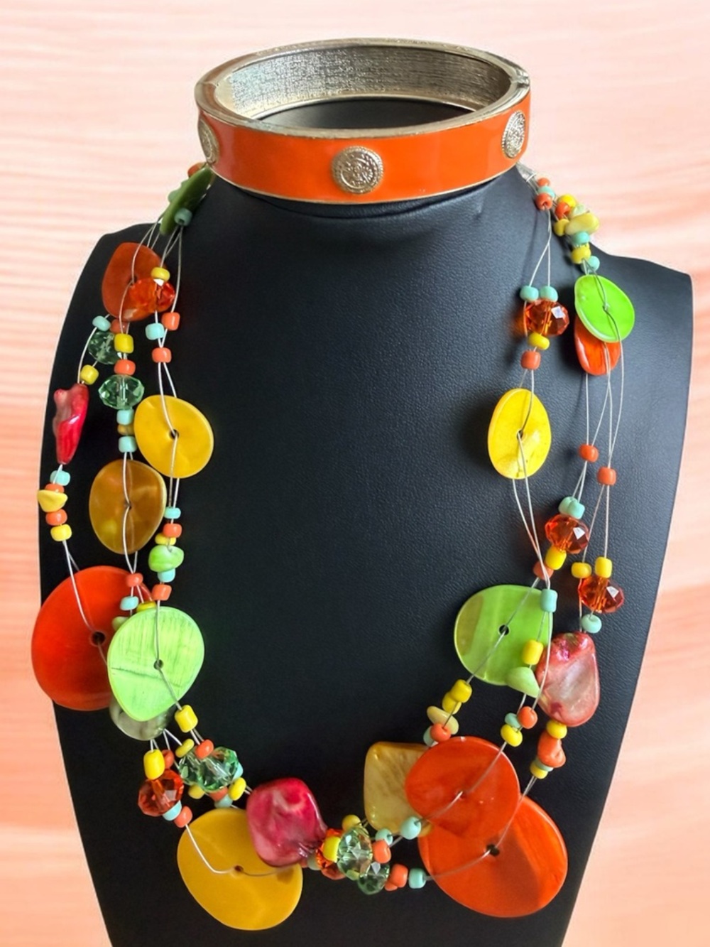 Colorful Multi-Strand Shell Disk Necklace and Orange Bangle Bracelet